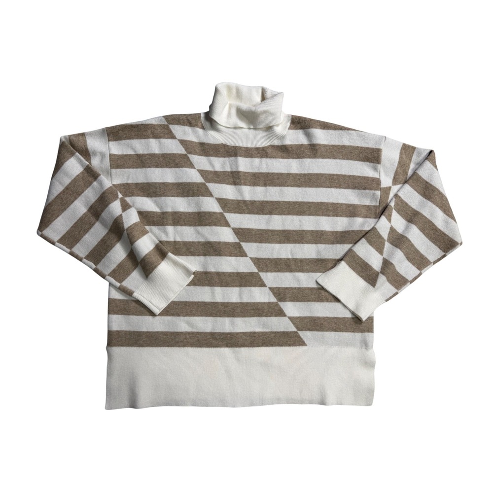 Magaschoni Striped Turtleneck Sweater Split Cuff Cream Taupe XL